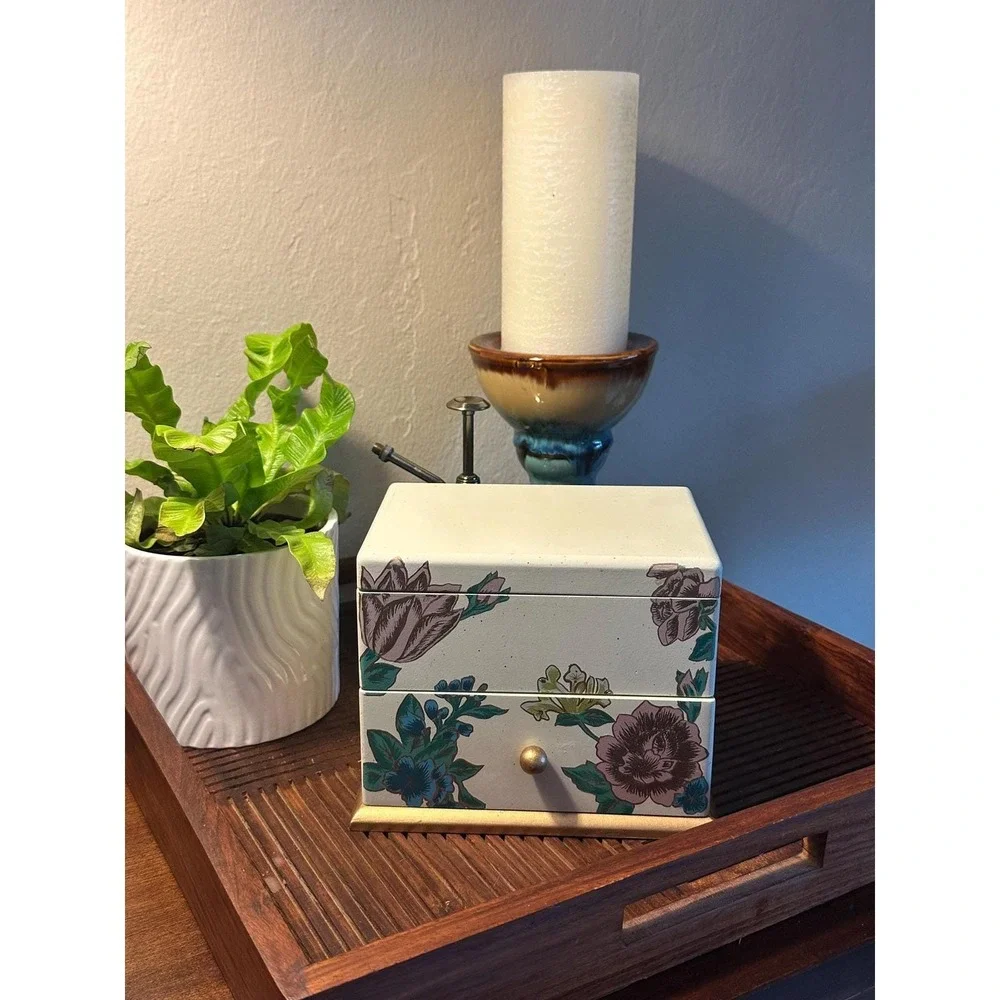 Vintage Floral Trinket Box Cream Jewelry Storage with Gold Base